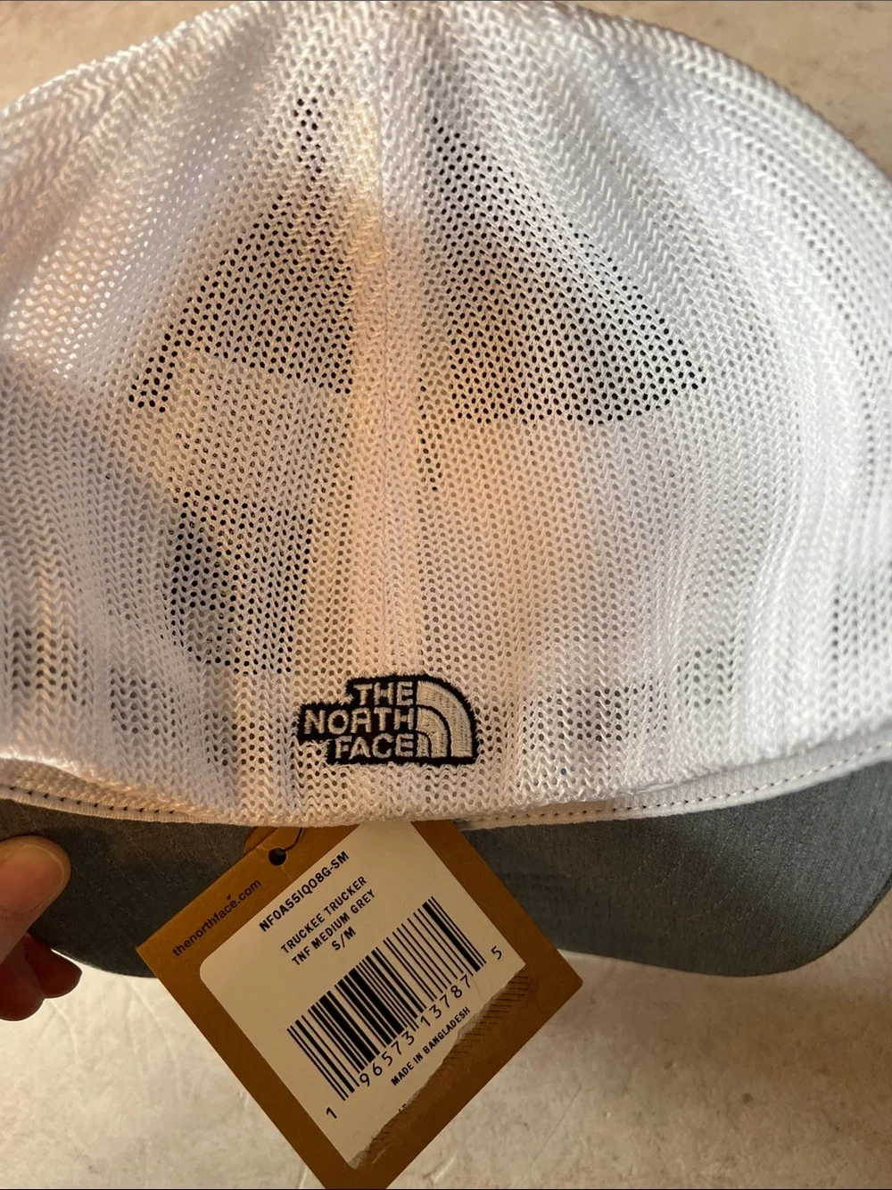 The North Face Grey & White Trucker Hat with Globe Logo Sizes S/M and L/XL